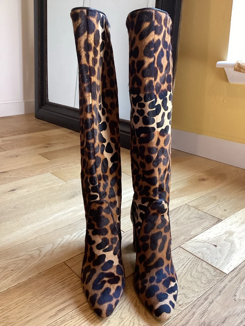 Aquatalia calf hair and leather cheetah print knee-high boot